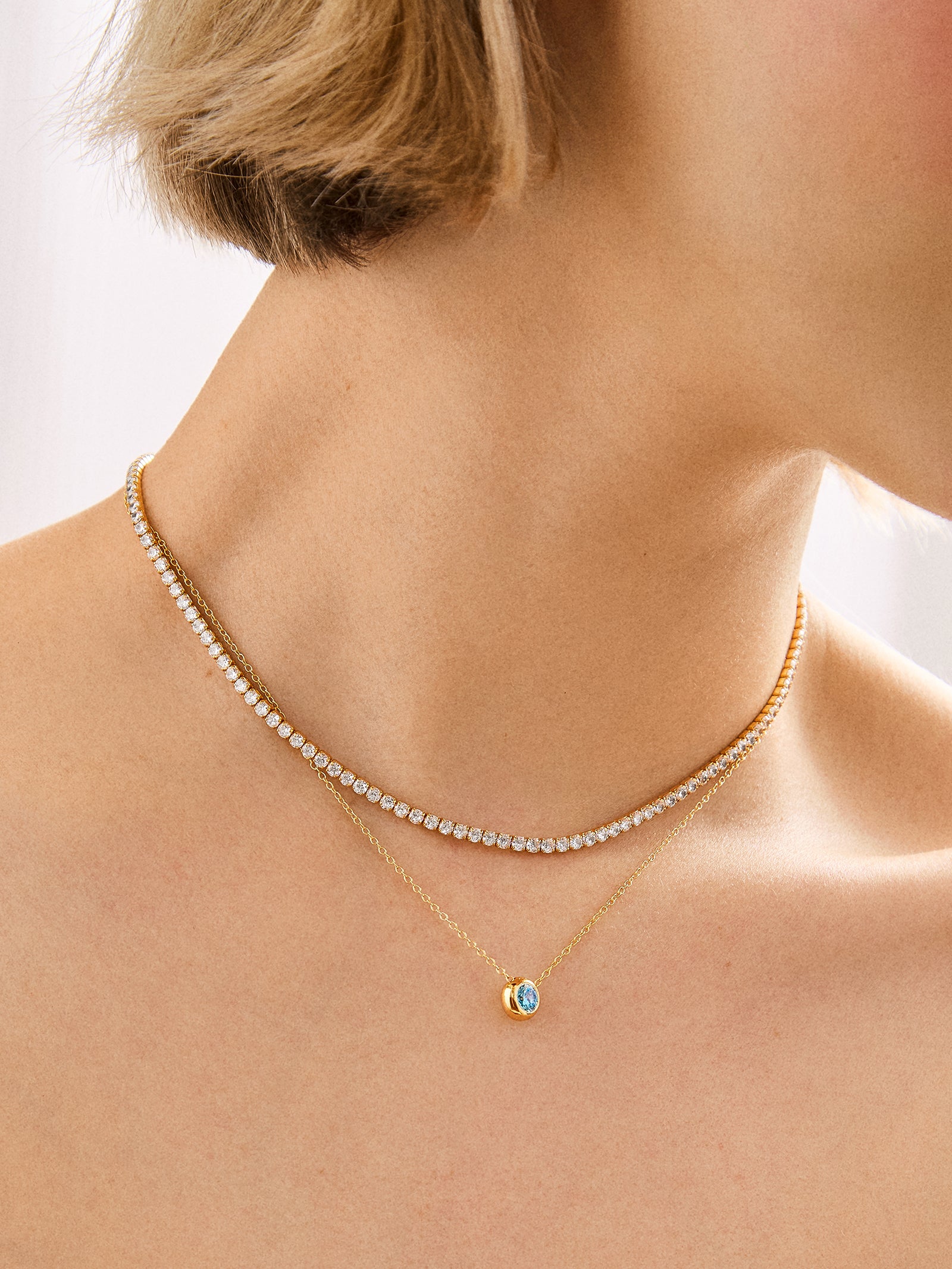 18K Gold Birthstone Pendant Necklace - Blue Zircon