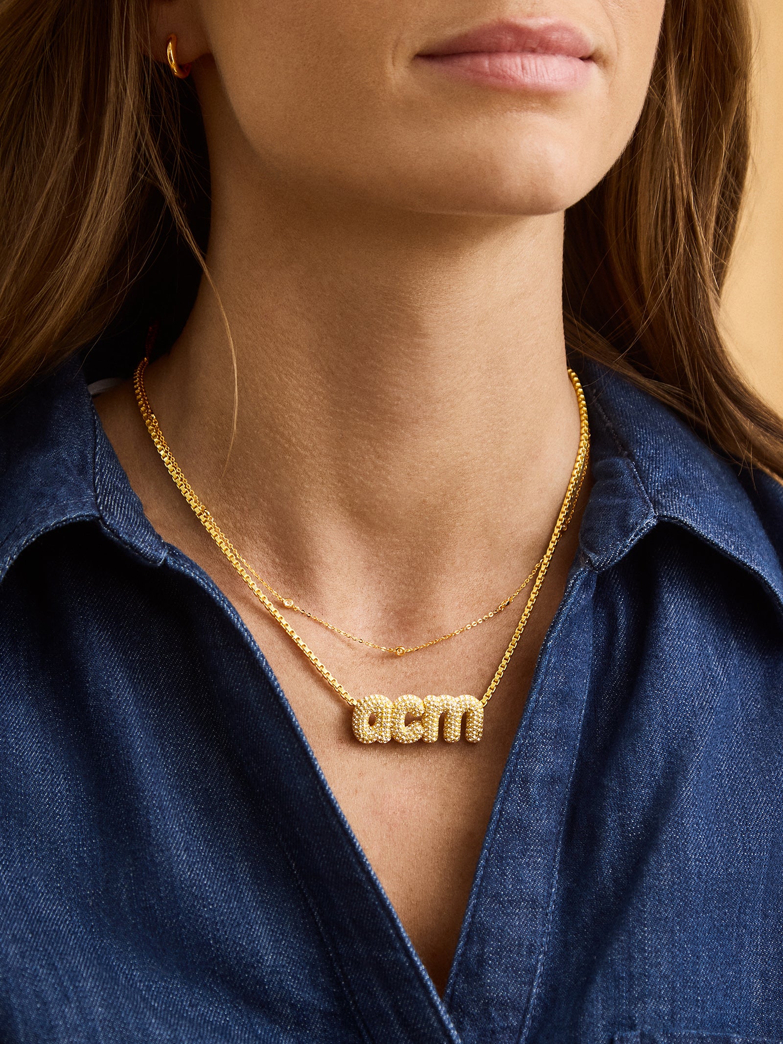 Custom Bubble Monogram Necklace - Gold/Pavé