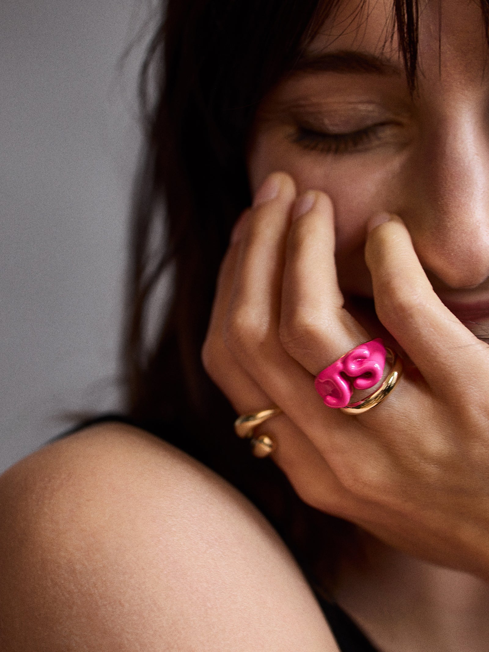 Double Initial Custom Block Ring - Hot Pink